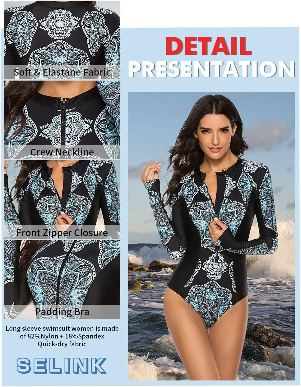 SELINK Women's Long Sleeve Rash Guard UV Protection Zipper Printed Surfing One Piece Swimsuit Bathing Suit
