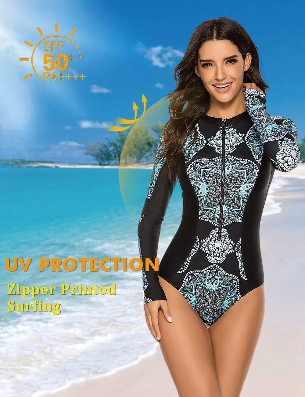SELINK Women's Long Sleeve Rash Guard UV Protection Zipper Printed Surfing One Piece Swimsuit Bathing Suit