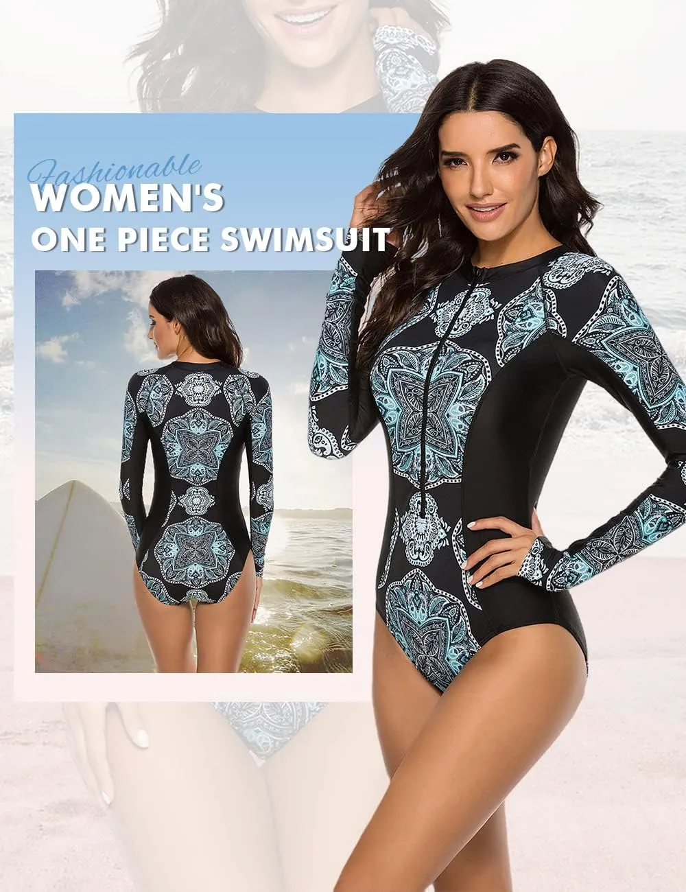 SELINK Women's Long Sleeve Rash Guard UV Protection Zipper Printed Surfing One Piece Swimsuit Bathing Suit