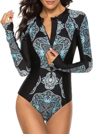 SELINK Women's Long Sleeve Rash Guard UV Protection Zipper Printed Surfing One Piece Swimsuit Bathing Suit