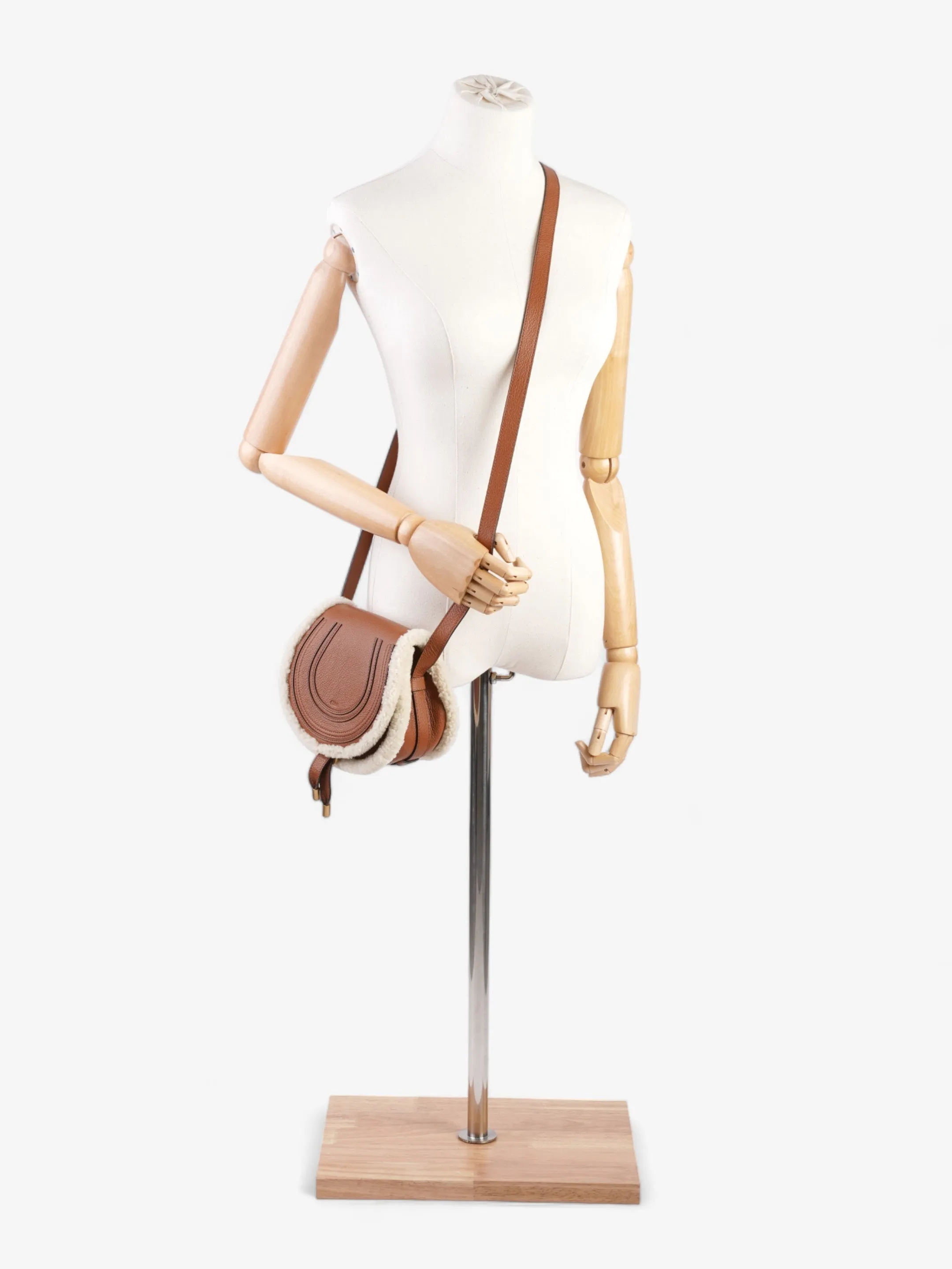 Shearling-Trim Marcie Saddle Tan Leather Mini