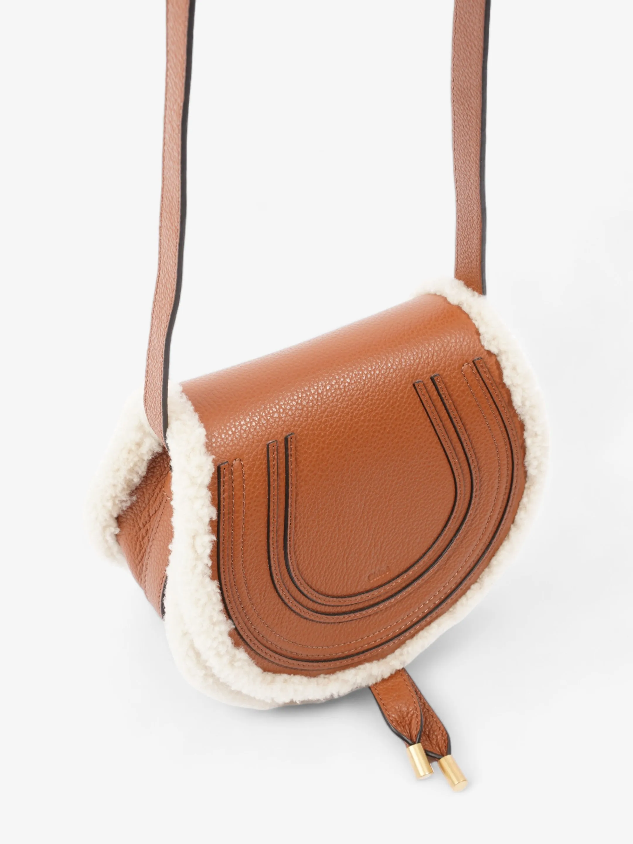 Shearling-Trim Marcie Saddle Tan Leather Mini