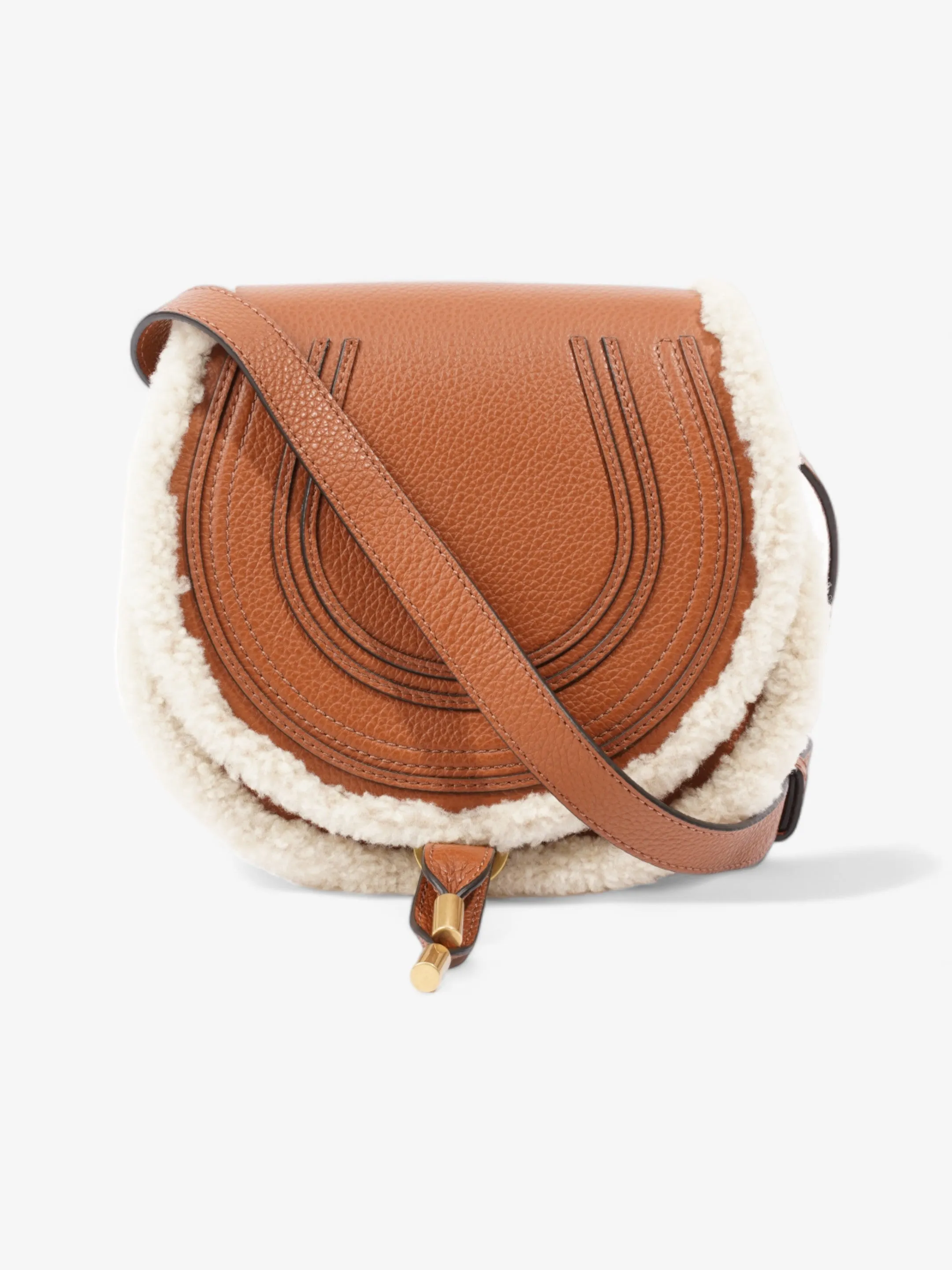 Shearling-Trim Marcie Saddle Tan Leather Mini