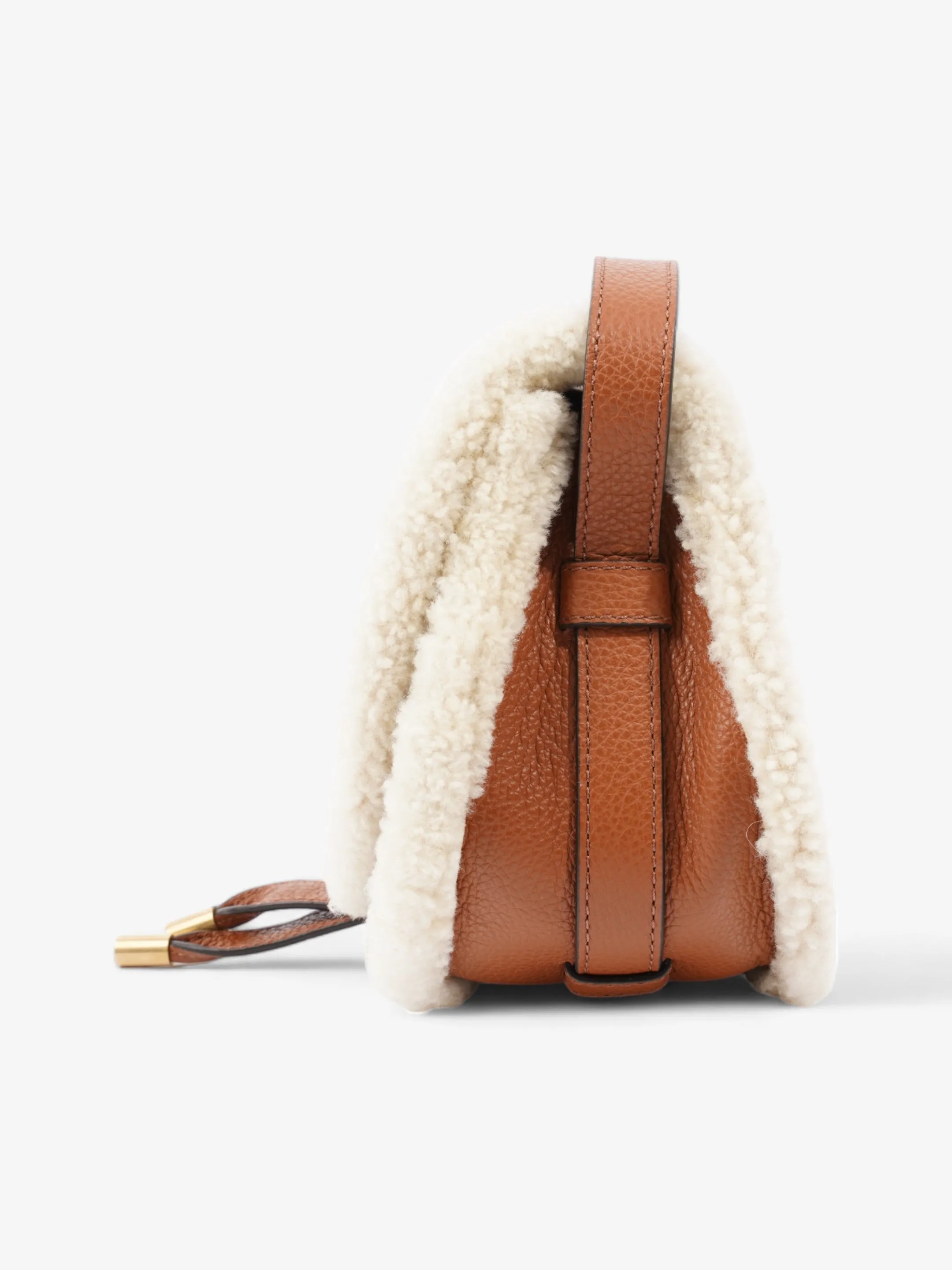 Shearling-Trim Marcie Saddle Tan Leather Mini