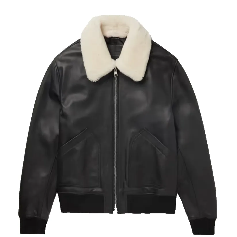 Shearling Trimmed Leather Bomber Jacket
