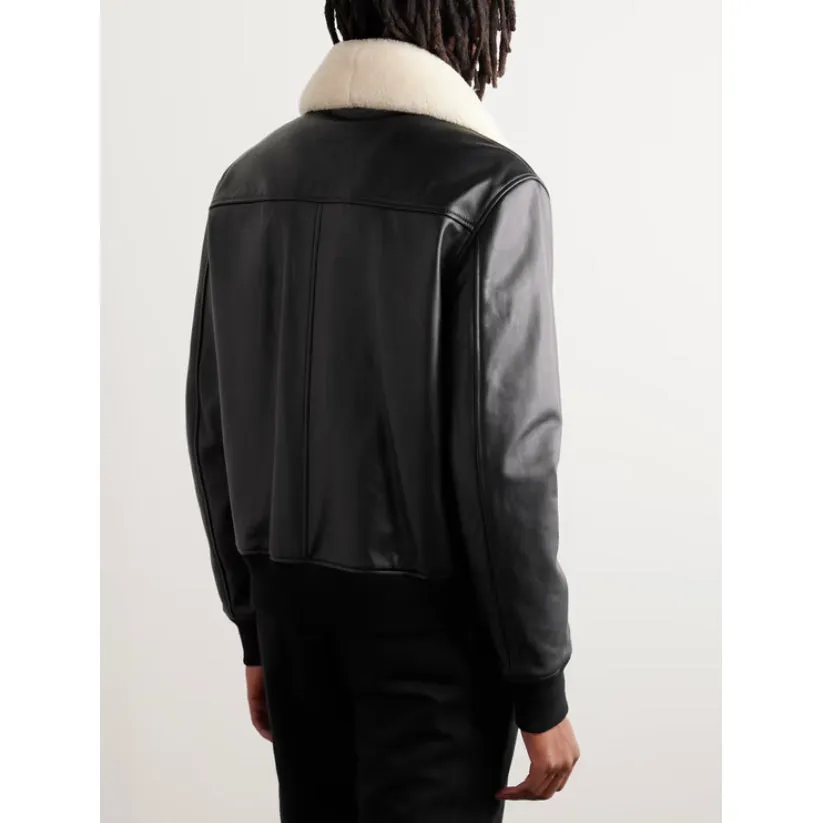 Shearling Trimmed Leather Bomber Jacket