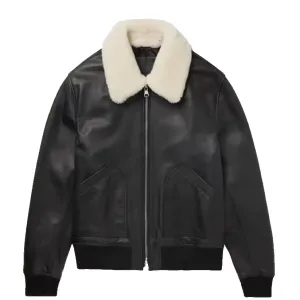 Shearling Trimmed Leather Bomber Jacket