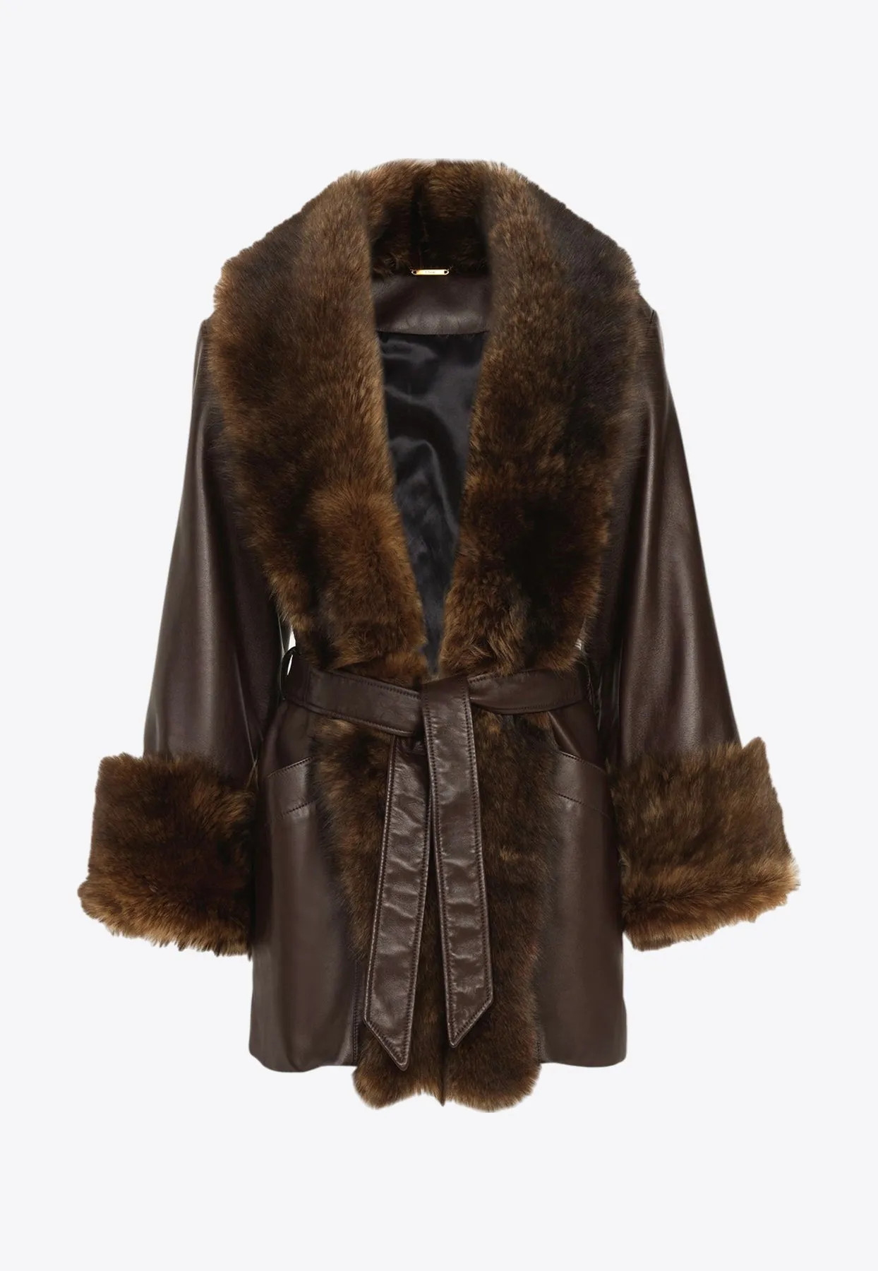 Shearling-Trimmed Oversized Leather Coat