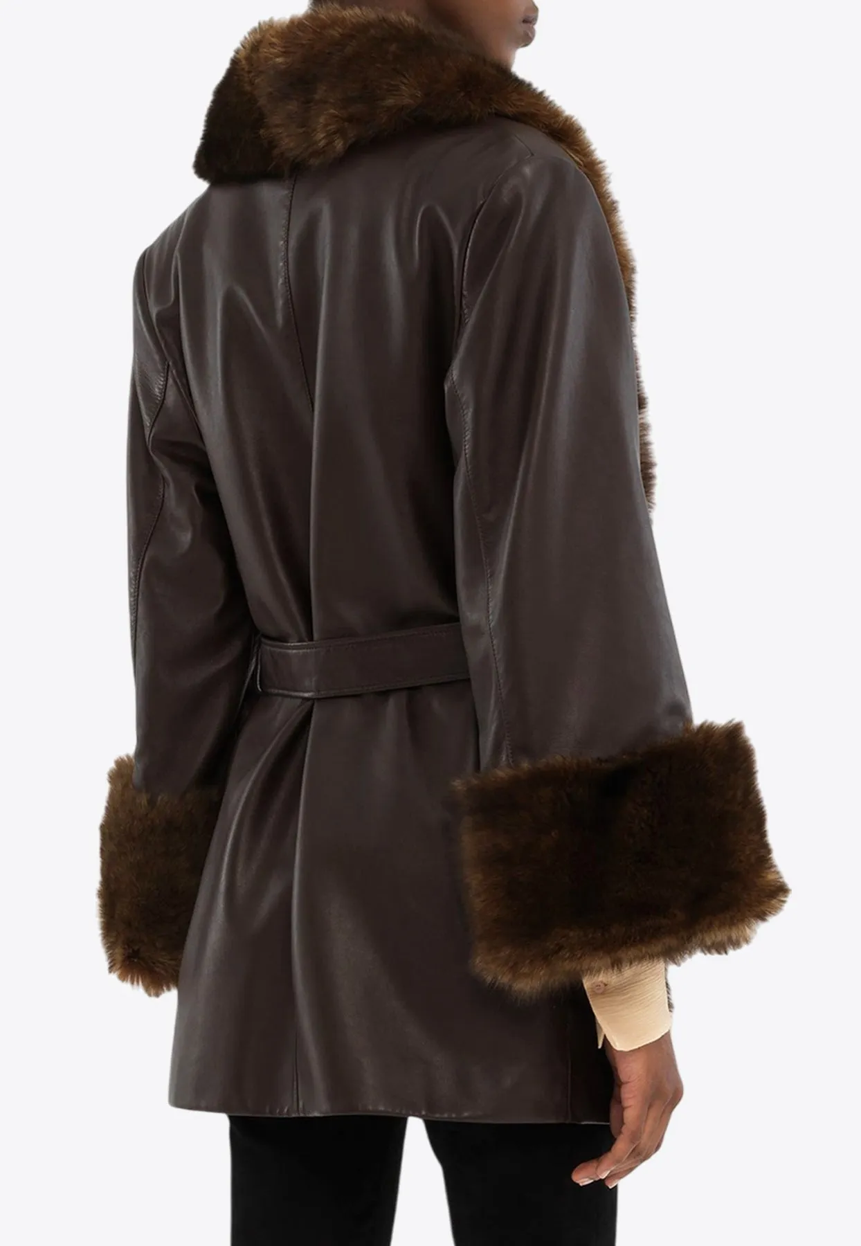 Shearling-Trimmed Oversized Leather Coat