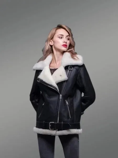 Sheepskin Shearling Jacket for Women in Nappa Black Finish