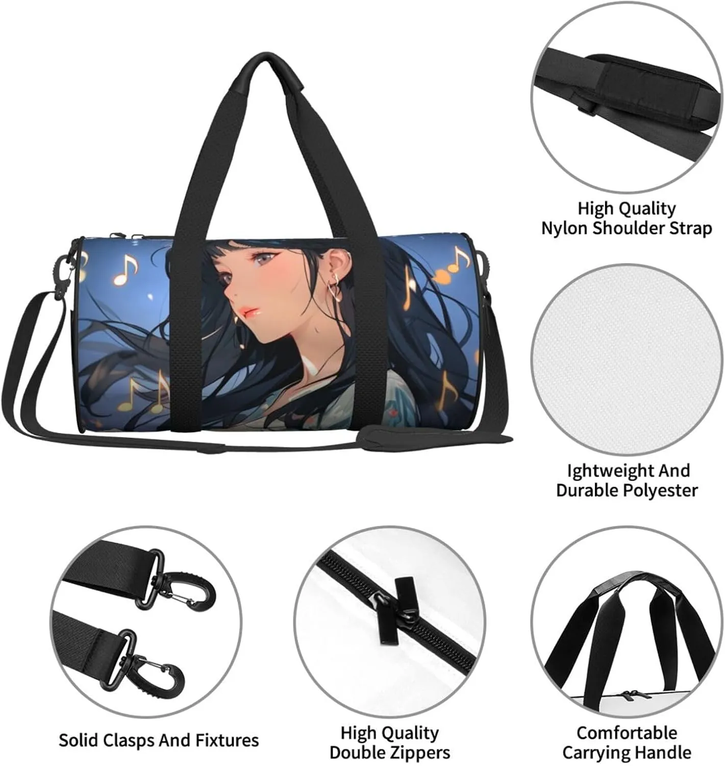 Sheet Music Printed Travel Bag,Round Personal Item Storage bag,Foldie Duffel Bag for Traveling Vacation,Fitness,Sports