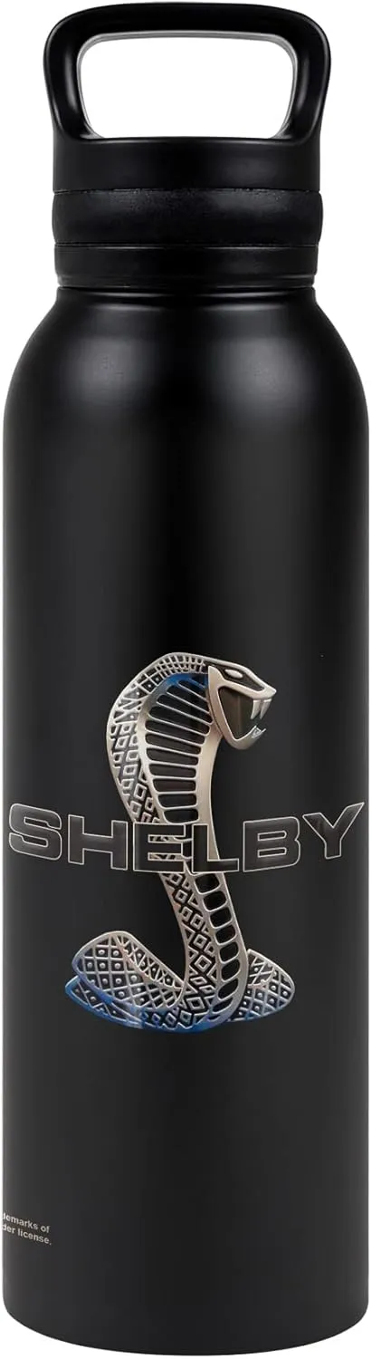 Shelby Cobra OFFICIAL Mustang Logo Black 24 oz Insulated Canteen Water Bottle, Leak Resistant, Vacuum Insulated Stainless Steel with Loop Cap