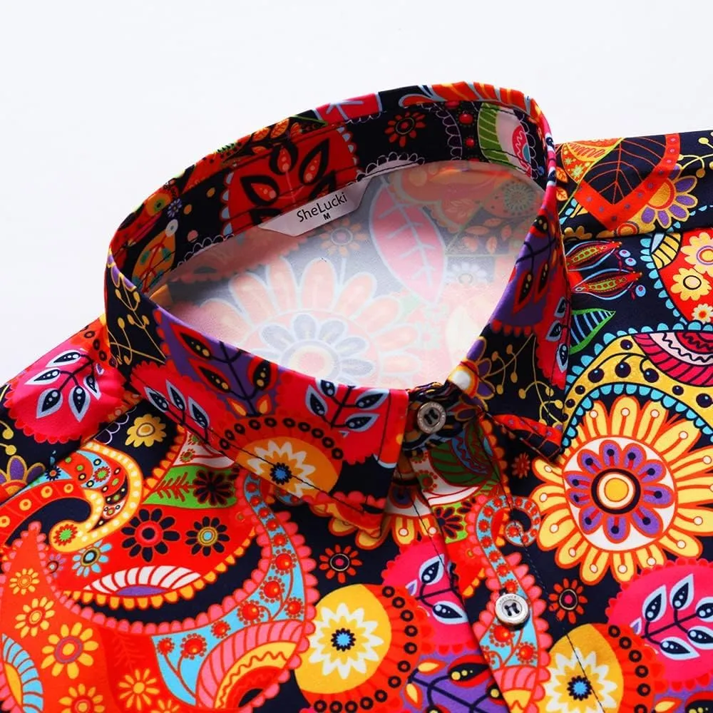 SheLucki Hawaiian Shirt for Men, Unisex Summer Beach Casual Short Sleeve Button Down Shirts, Printed Palmshadow Clothing