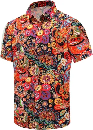 SheLucki Hawaiian Shirt for Men, Unisex Summer Beach Casual Short Sleeve Button Down Shirts, Printed Palmshadow Clothing