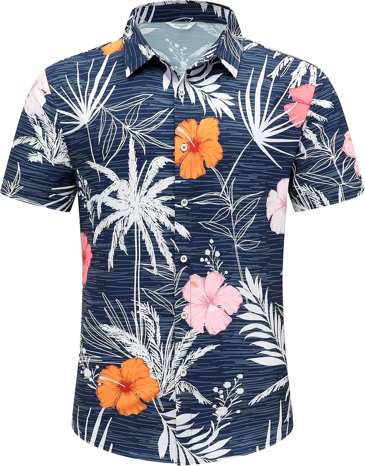 SheLucki Hawaiian Shirt for Men, Unisex Summer Beach Casual Short Sleeve Button Down Shirts, Printed Palmshadow Clothing