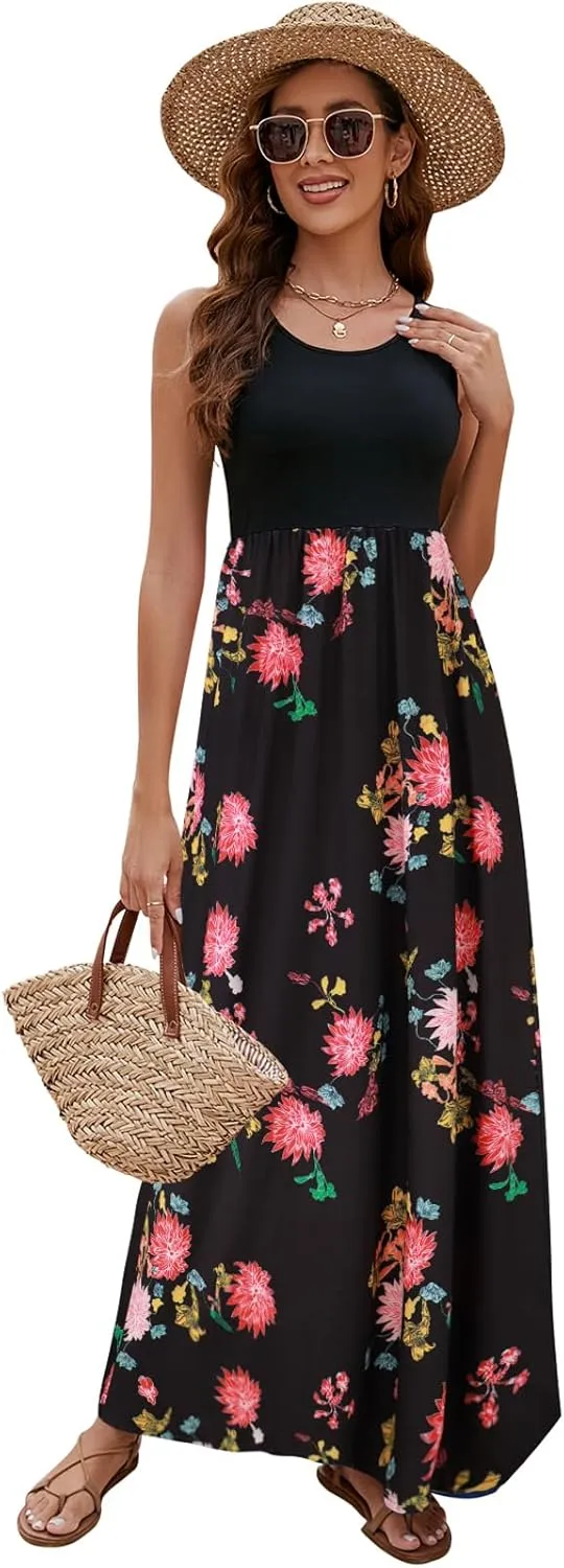 Sherosa Women Boho Chevron Striped Floral Printed Summer Sleeveless Tank Long Maxi Party Dress