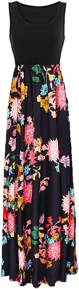 Sherosa Women Boho Chevron Striped Floral Printed Summer Sleeveless Tank Long Maxi Party Dress