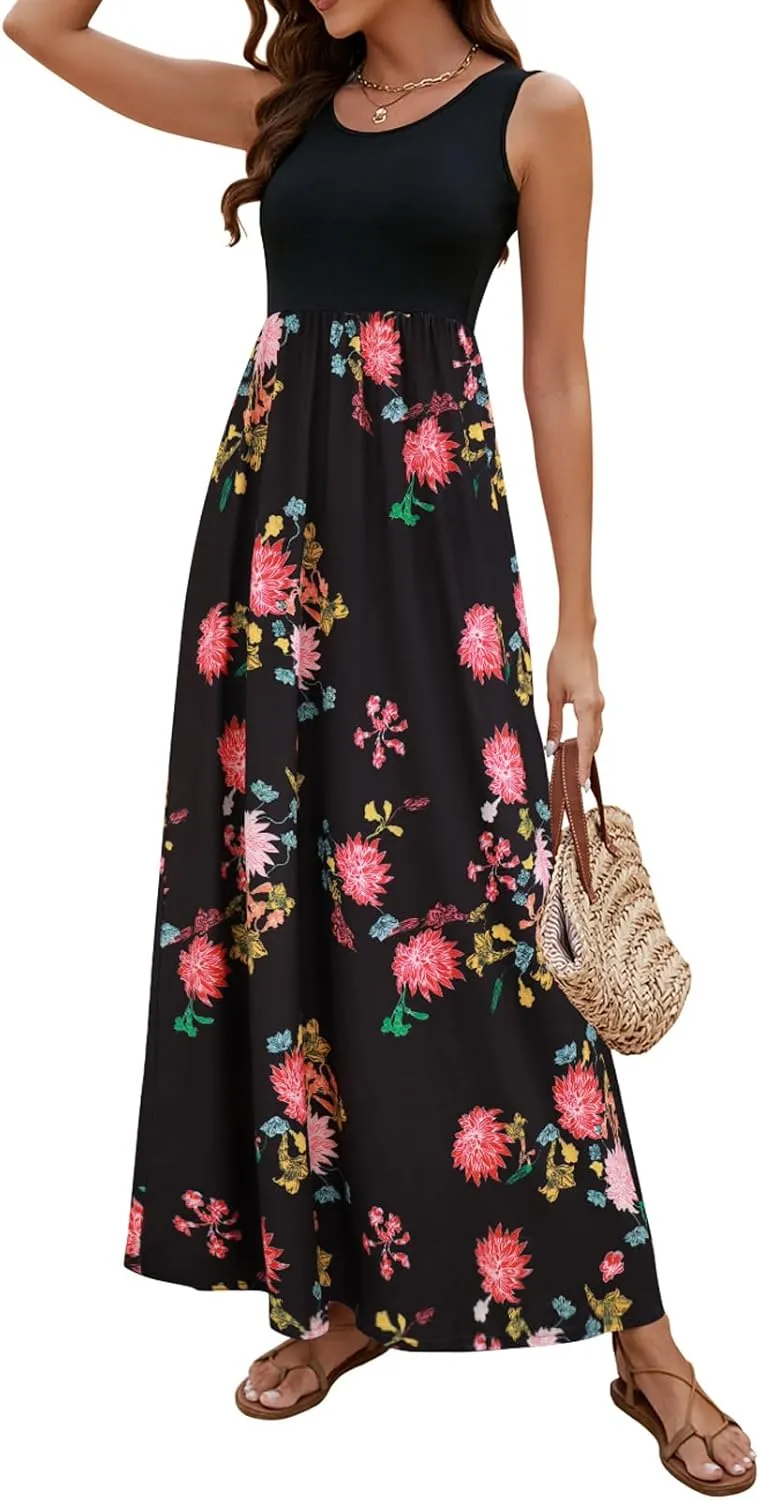 Sherosa Women Boho Chevron Striped Floral Printed Summer Sleeveless Tank Long Maxi Party Dress