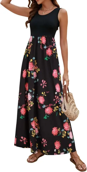 Sherosa Women Boho Chevron Striped Floral Printed Summer Sleeveless Tank Long Maxi Party Dress
