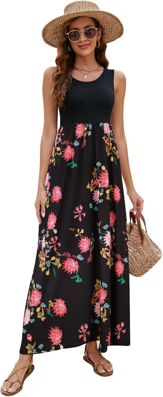 Sherosa Women Boho Chevron Striped Floral Printed Summer Sleeveless Tank Long Maxi Party Dress