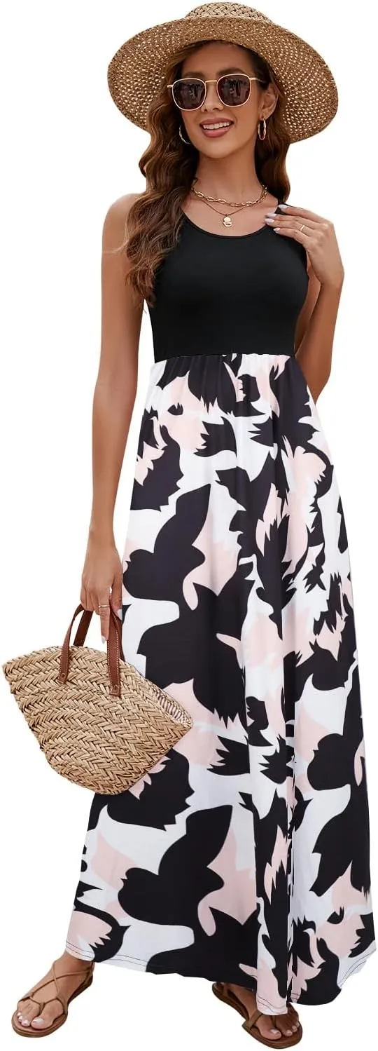 Sherosa Women Boho Chevron Striped Floral Printed Summer Sleeveless Tank Long Maxi Party Dress