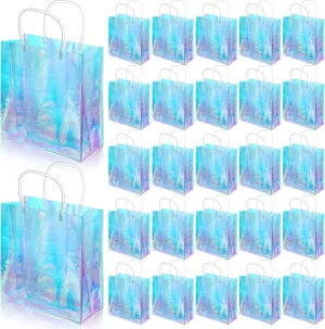 Sherr 25 Pcs Clear Holographic Small Gift Bag Iridescent Reusable PVC Plastic Gift Wrap Tote Bag for Shopping Wedding Birthday Baby Shower Party Favor, 7.87" x 7.87" x 3.15"