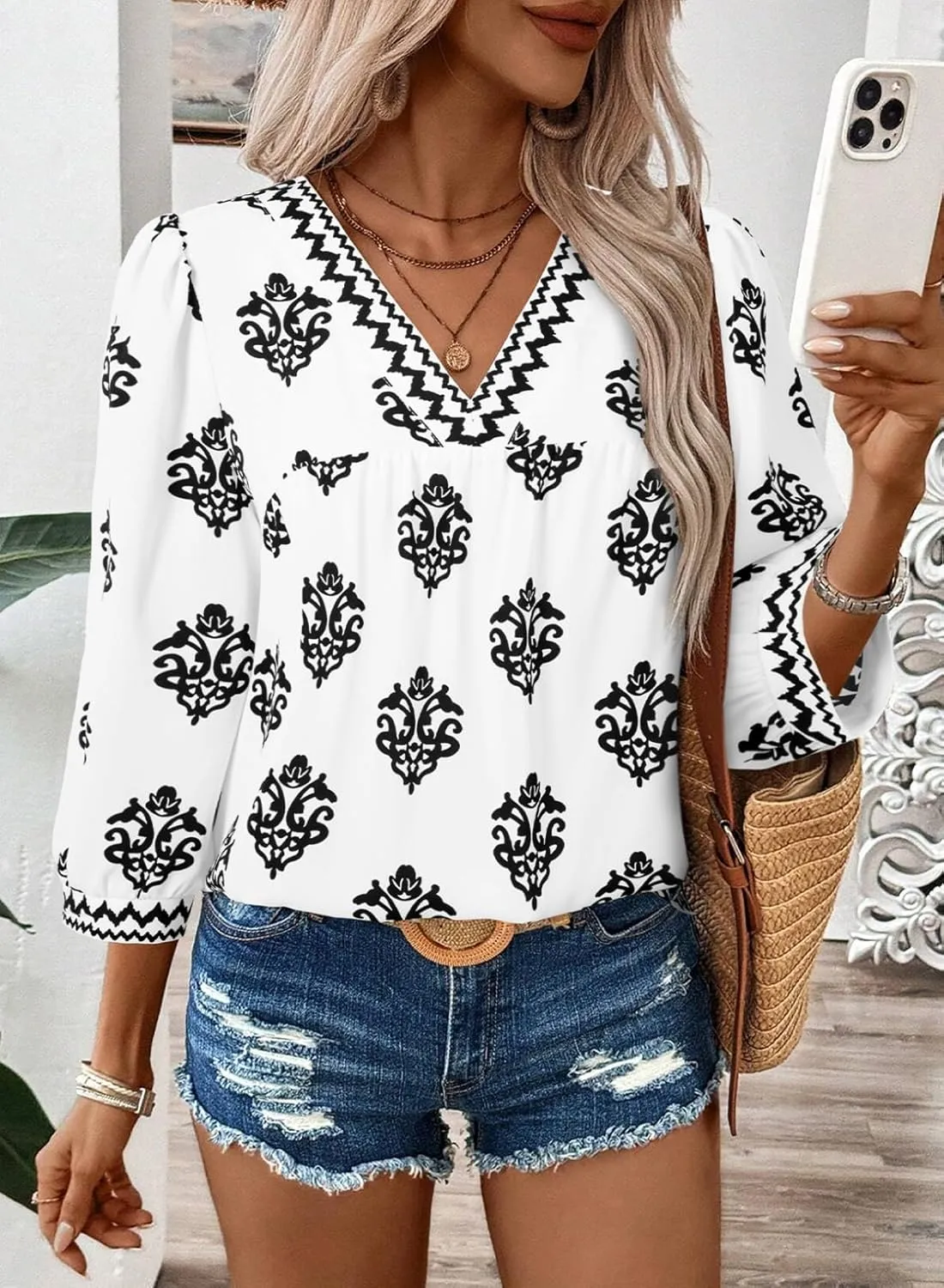SHEWIN Women's Casual V Neck Floral Print Chiffon Blouses 3/4 Sleeve Boho Summer Tops Shirts
