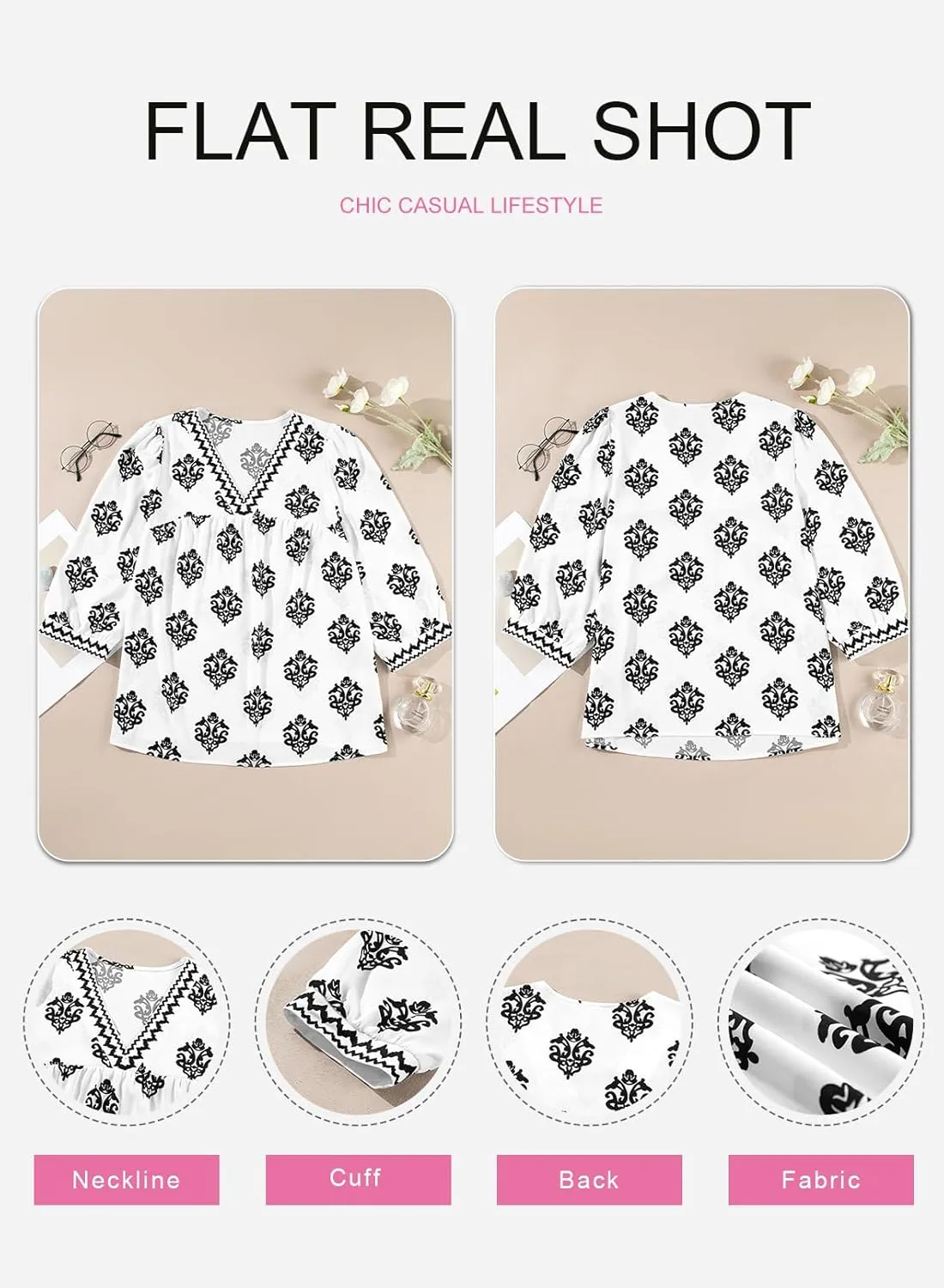 SHEWIN Women's Casual V Neck Floral Print Chiffon Blouses 3/4 Sleeve Boho Summer Tops Shirts