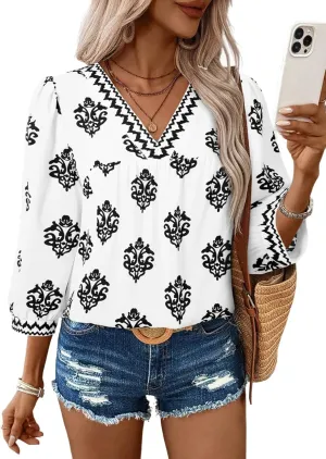 SHEWIN Women's Casual V Neck Floral Print Chiffon Blouses 3/4 Sleeve Boho Summer Tops Shirts