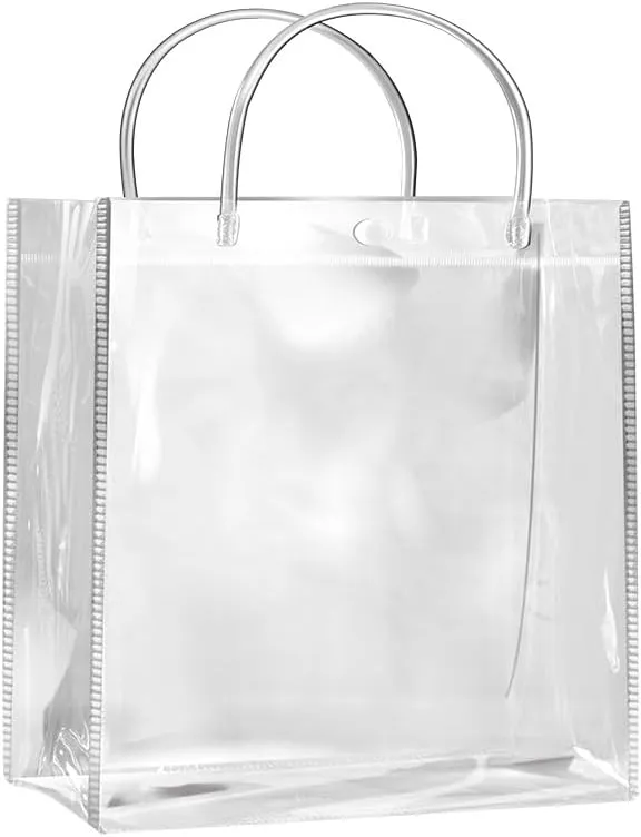 SHIPKEY 10 Pack 8”x3.1”x8” Clear Gift Bags, Square Transparent Gift Bag with Handles, Waterproof PVC Shopping Bags for Perfume, Bakery, Presents, Birthday Party Favor (20x8x20cm)