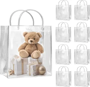 SHIPKEY 10 Pack 8”x3.1”x8” Clear Gift Bags, Square Transparent Gift Bag with Handles, Waterproof PVC Shopping Bags for Perfume, Bakery, Presents, Birthday Party Favor (20x8x20cm)