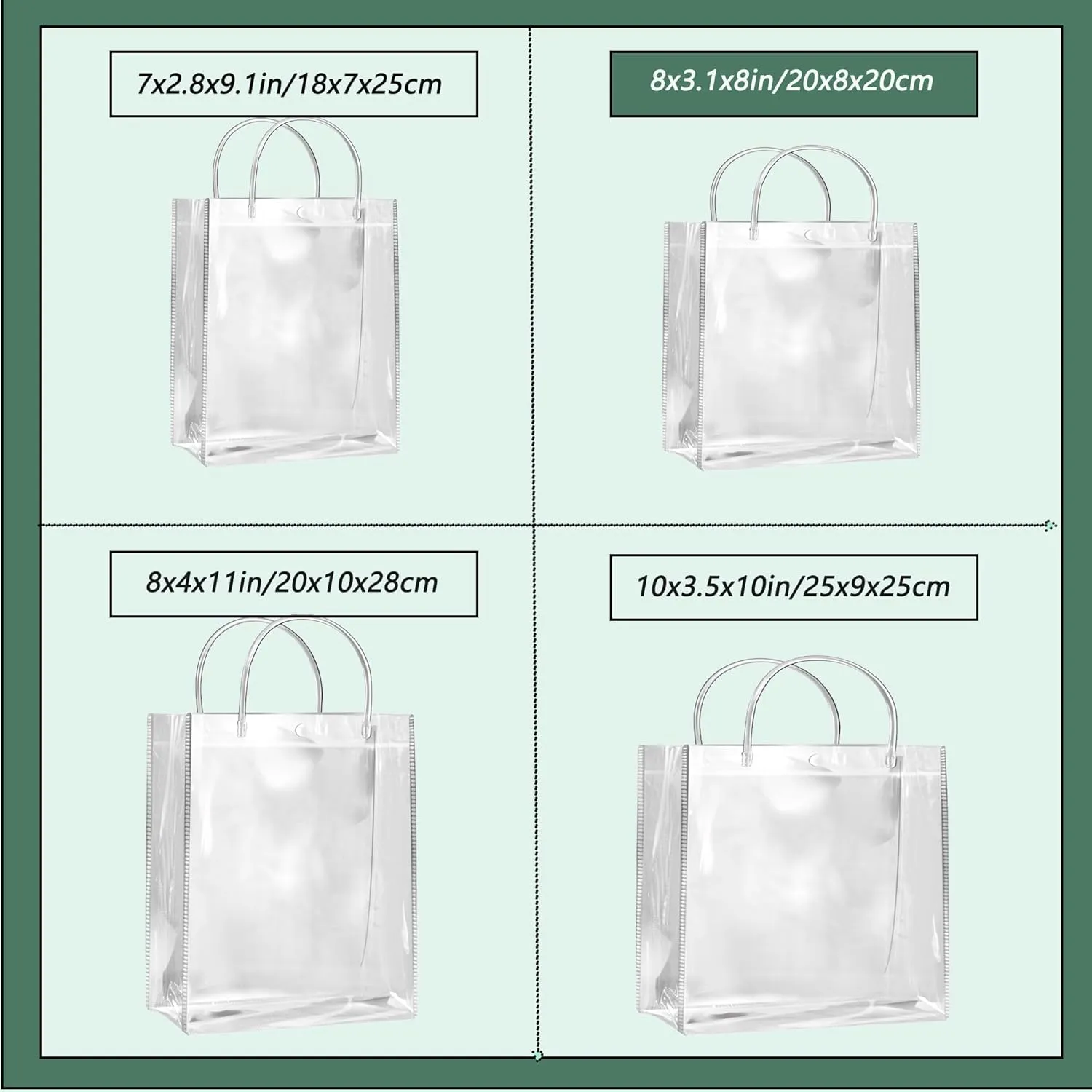 SHIPKEY 10 Pack 8”x3.1”x8” Clear Gift Bags, Square Transparent Gift Bag with Handles, Waterproof PVC Shopping Bags for Perfume, Bakery, Presents, Birthday Party Favor (20x8x20cm)
