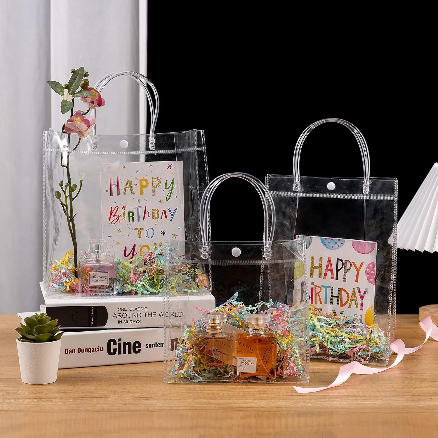 SHIPKEY 10 Pack 8”x3.1”x8” Clear Gift Bags, Square Transparent Gift Bag with Handles, Waterproof PVC Shopping Bags for Perfume, Bakery, Presents, Birthday Party Favor (20x8x20cm)