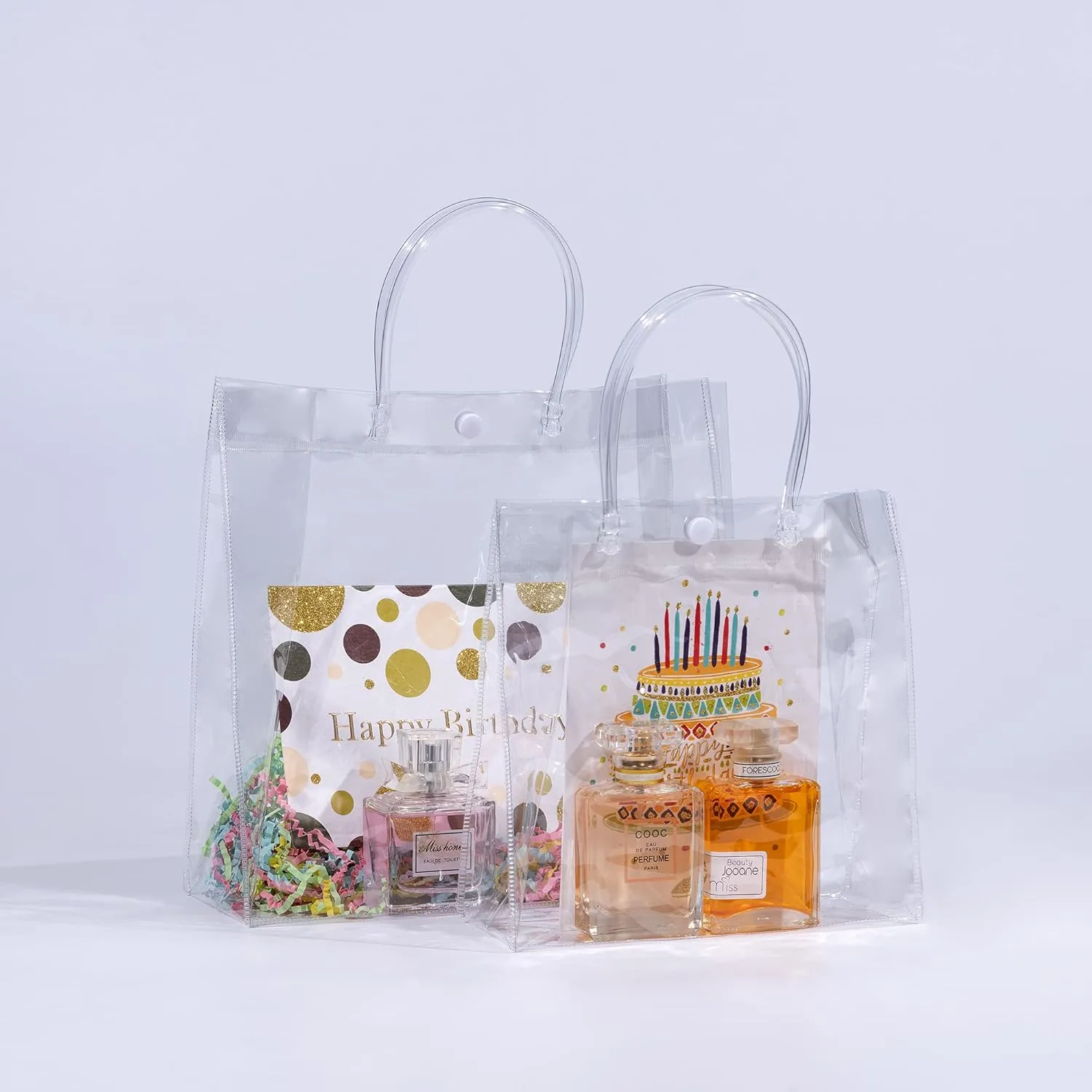 SHIPKEY 10 Pack 8”x3.1”x8” Clear Gift Bags, Square Transparent Gift Bag with Handles, Waterproof PVC Shopping Bags for Perfume, Bakery, Presents, Birthday Party Favor (20x8x20cm)