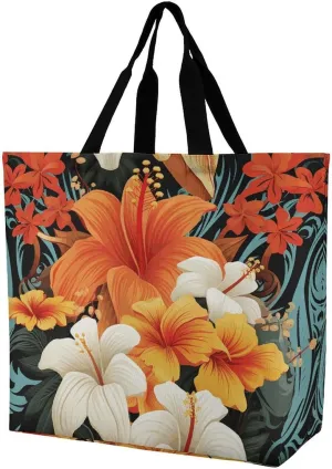 Shopping Tote Bag,Flowers And Hawaiian Tribal Patterns on Black Background Print Bulk Tote Bags,crossbody Tote Bag,reusable Shopping Bags
