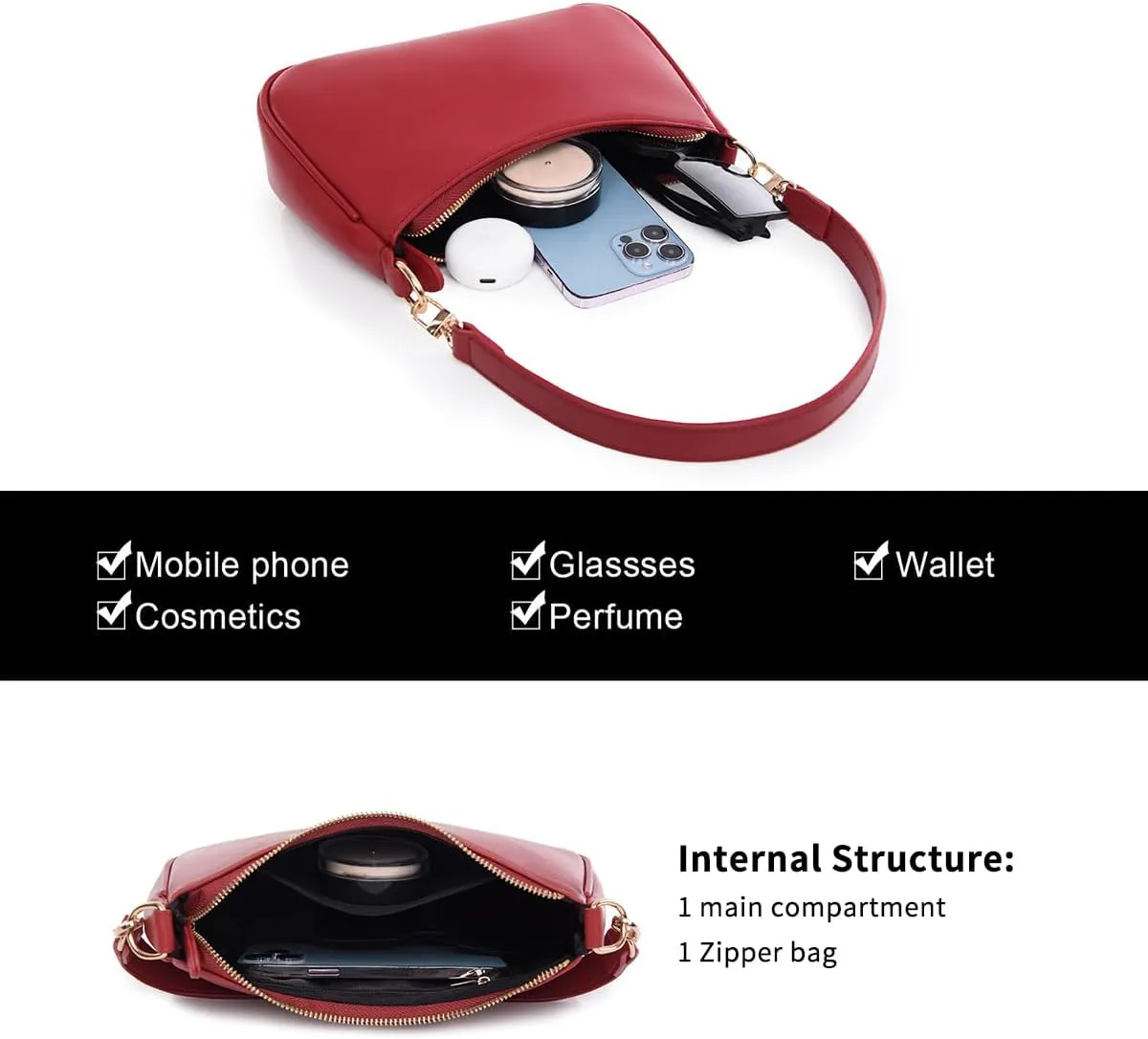 Shoulder Bag for Women with 2 Removable Straps and Zipper Closure Crossbody Bags Clutch Tote HandBags Purses