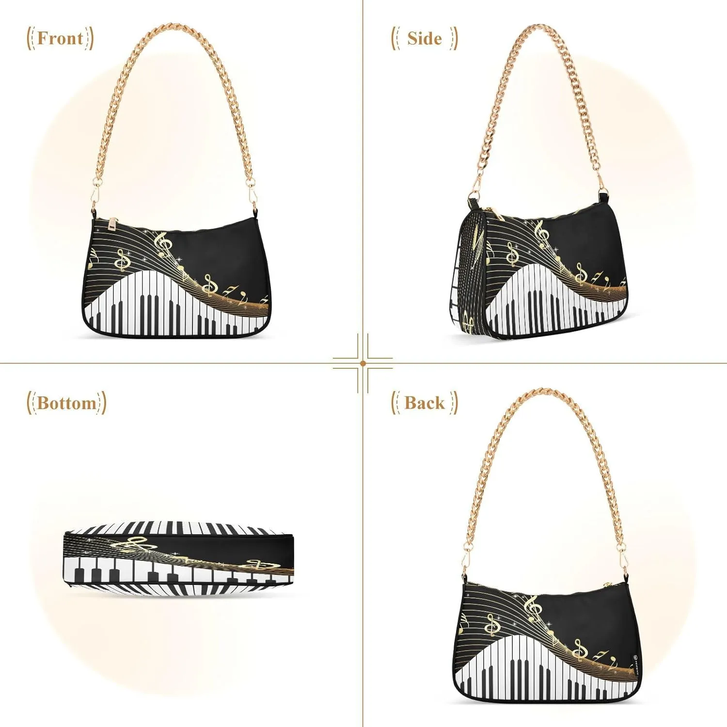 Shoulder Bags for Women Music Notes Piano Hobo Tote Handbag Small Clutch Purse with Zipper Closure