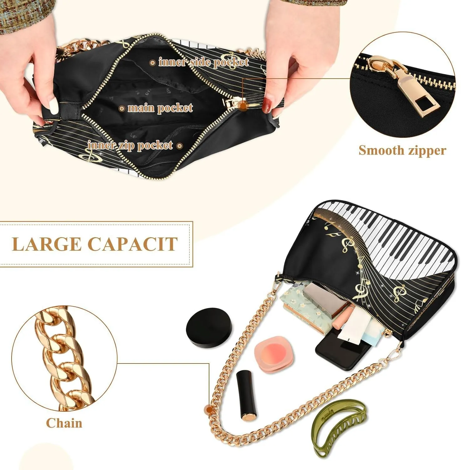 Shoulder Bags for Women Music Notes Piano Hobo Tote Handbag Small Clutch Purse with Zipper Closure