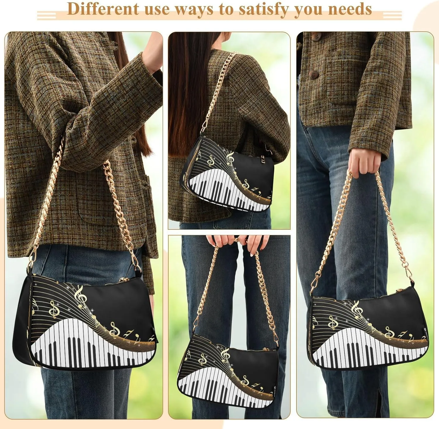 Shoulder Bags for Women Music Notes Piano Hobo Tote Handbag Small Clutch Purse with Zipper Closure