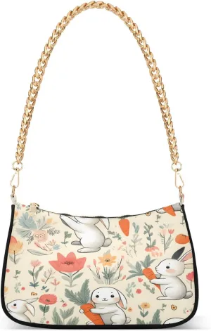 Shoulder Bags for Women Rabbit Animal Cartoon with Carrot Flower and Floral Garde Hobo Tote Handbag Small Clutch Purse with Zipper Closure