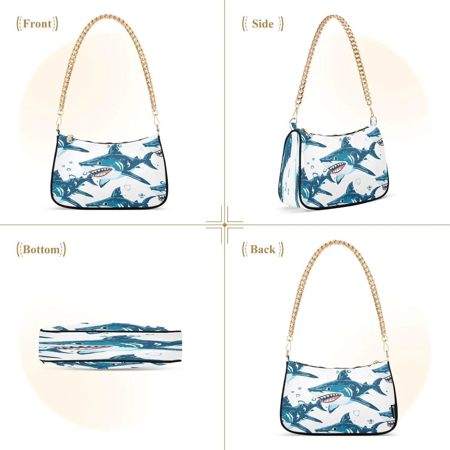 Shoulder Bags for Women Shark Hobo Tote Handbag Small Clutch Purse with Zipper Closure