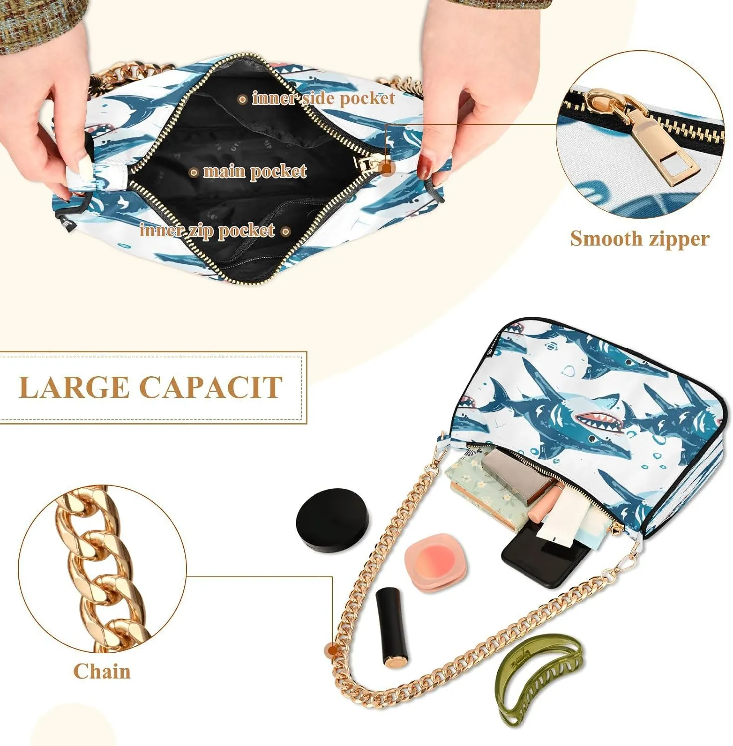 Shoulder Bags for Women Shark Hobo Tote Handbag Small Clutch Purse with Zipper Closure