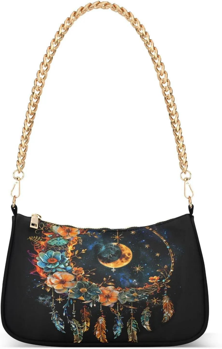 Shoulder Bags for Women Water Fire Moon Dreamcatcher Flowers Crystals Stars Arrows Feathers Hobo Tote Handbag Small Clutch Purse with Zipper Closure