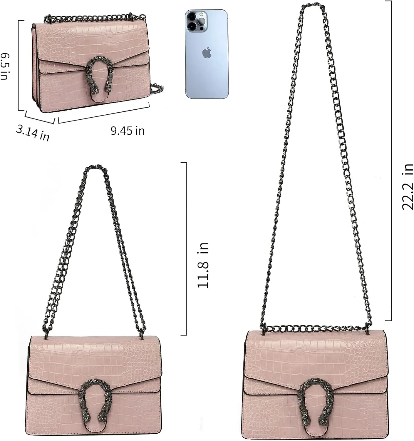 Shoulder Evening Bag for Women - Snake Printed Chain Strap Clutch Small Purse
