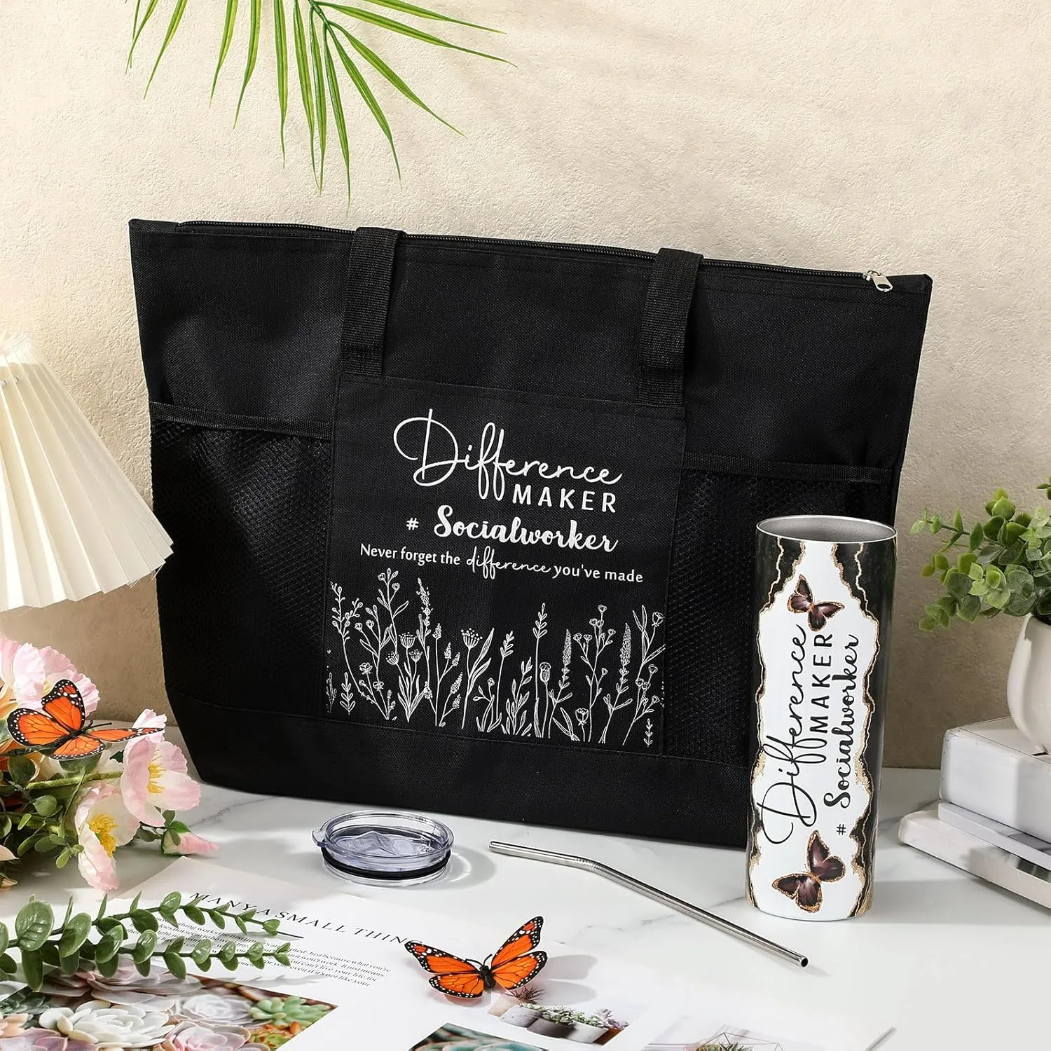 Sieral Social Worker Appreciation Graduation Gifts 20 oz Tumbler with Straw and Brush and Tote Bag for Women School Counselor Intern Employee Coworker Volunteer Nurse Week 2025(Black)