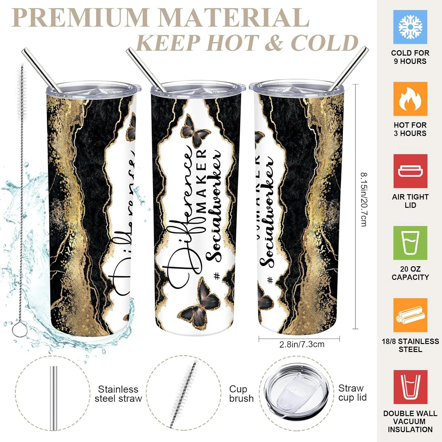 Sieral Social Worker Appreciation Graduation Gifts 20 oz Tumbler with Straw and Brush and Tote Bag for Women School Counselor Intern Employee Coworker Volunteer Nurse Week 2025(Black)