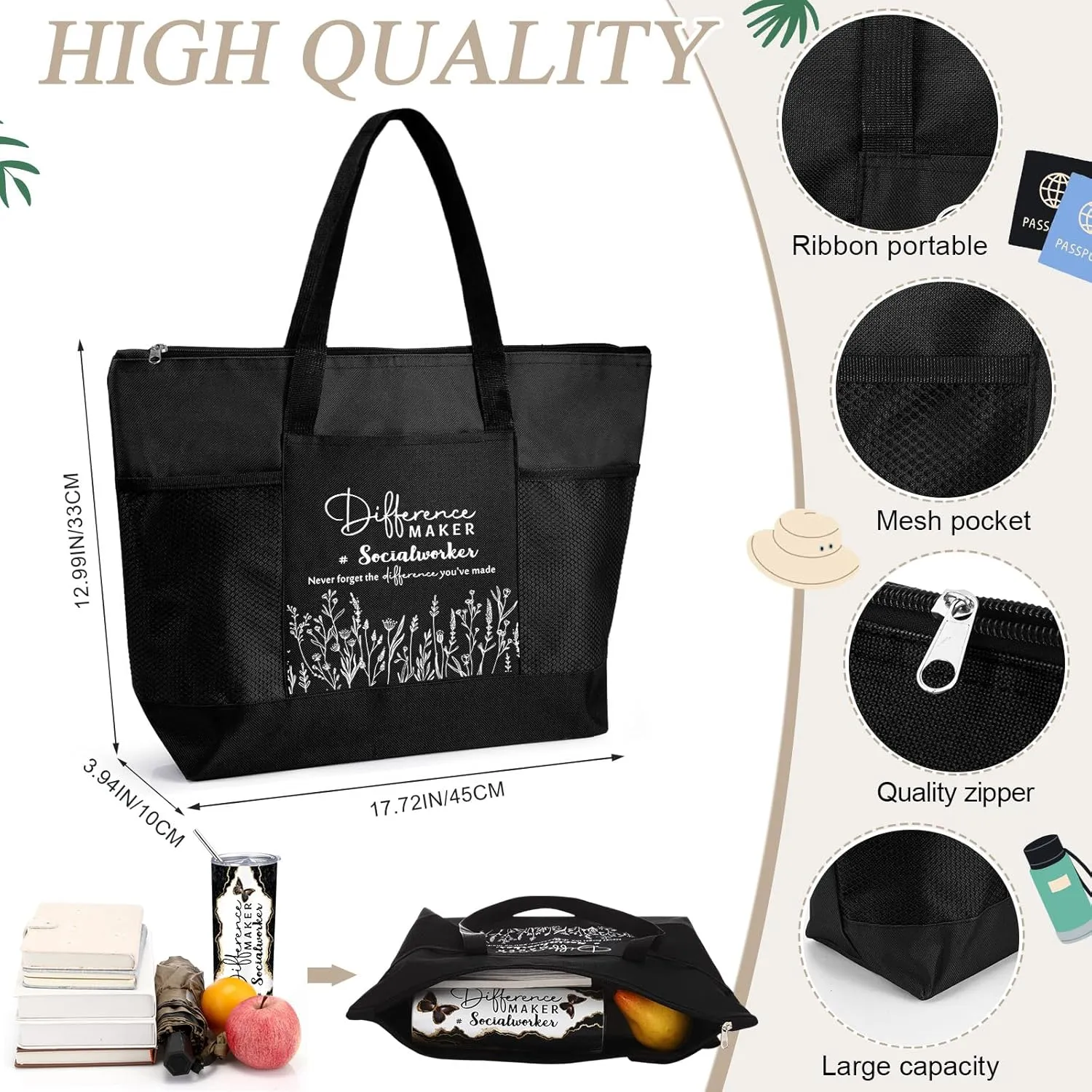 Sieral Social Worker Appreciation Graduation Gifts 20 oz Tumbler with Straw and Brush and Tote Bag for Women School Counselor Intern Employee Coworker Volunteer Nurse Week 2025(Black)
