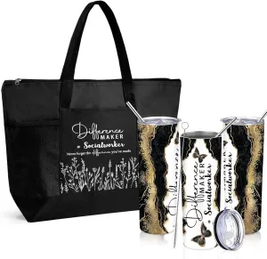 Sieral Social Worker Appreciation Graduation Gifts 20 oz Tumbler with Straw and Brush and Tote Bag for Women School Counselor Intern Employee Coworker Volunteer Nurse Week 2025(Black)