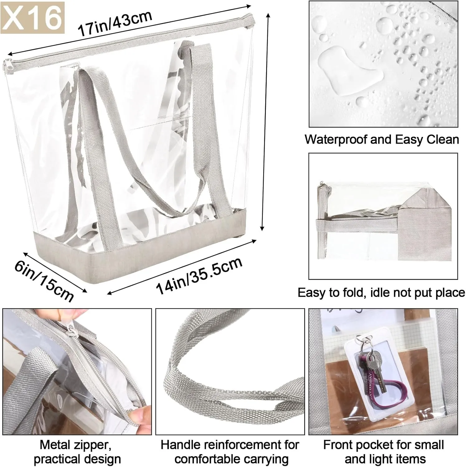 Silkfly 16 Pieces Clear Tote Bags Bulk, PVC Shoulder Handbag, Security Approved See Through Bag with Zipper Closure for Work
