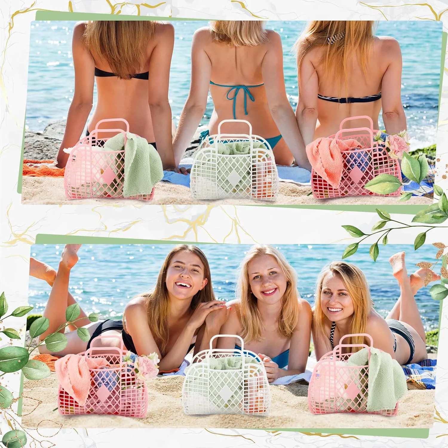 Silkfly 6 Pcs Jelly Tote Bags Plastic Easter Baskets for Egg Hunting Wedding Beach Gifts Purse Bags for Spring Party Favor(Pink, White,Small)